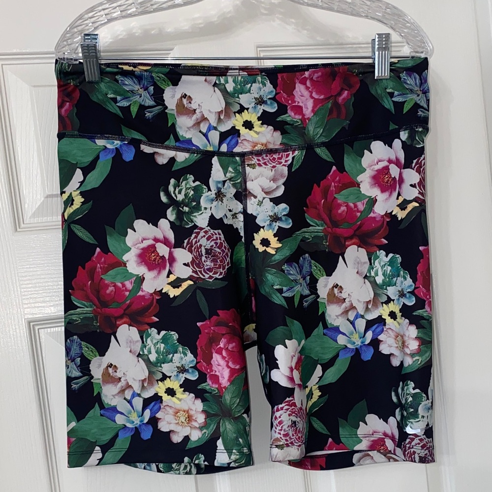 Nike Floral Bike Shorts — Black with Pink, White & Green Floral Print. Size XL